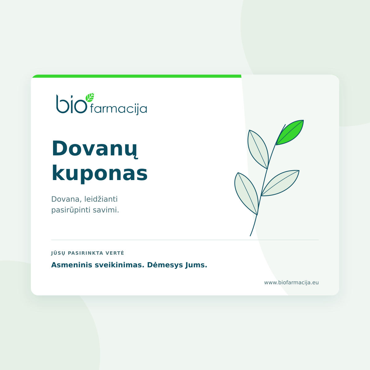 Biofarmacija dovanų kuponas su firminiu logotipu ir augalo iliustracija